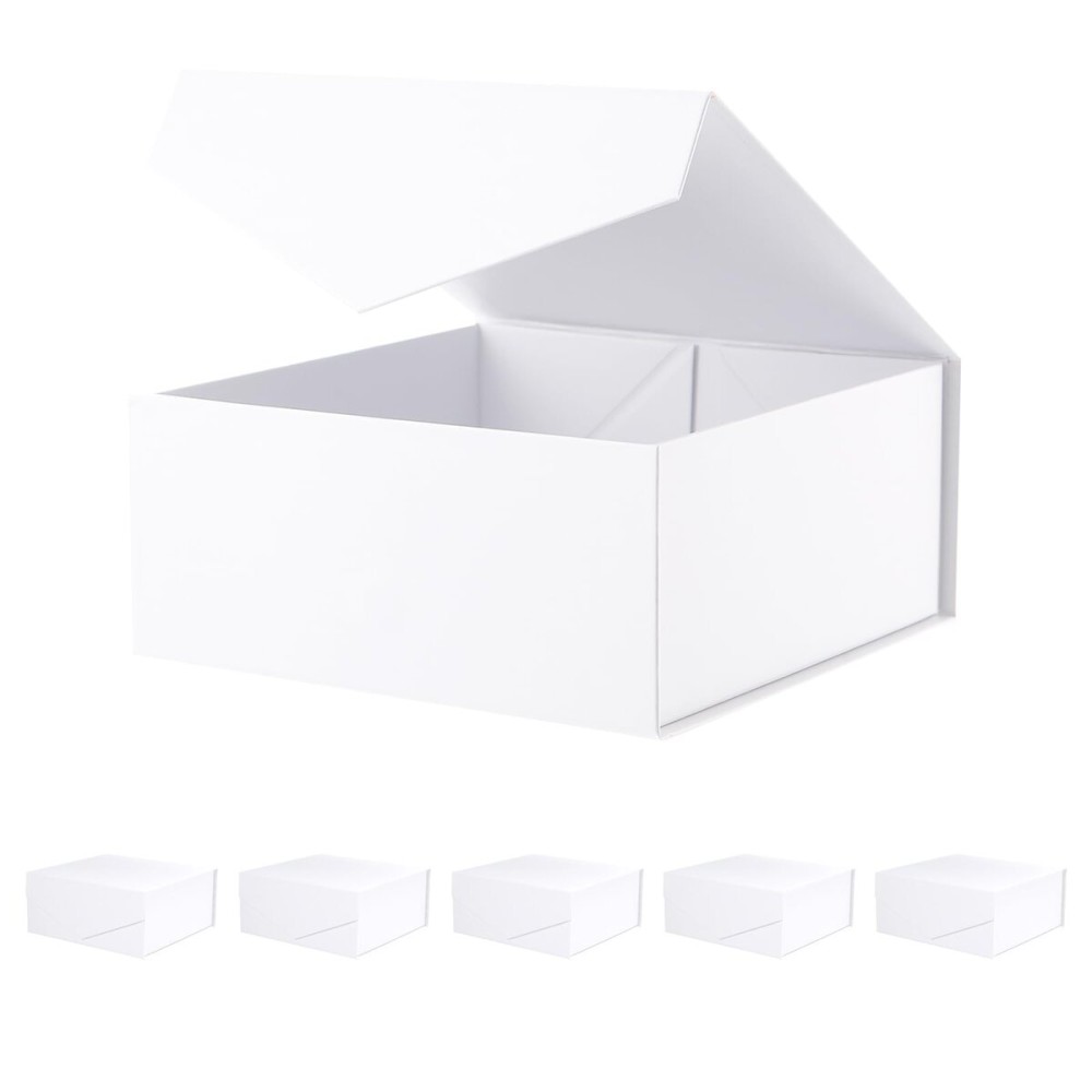 BLK&WH 6 Collapsible Gift Boxes with Magnetic Lids, 7.5x7.5x3 Inches, Bridesmaid Proposal Boxes, Matte White