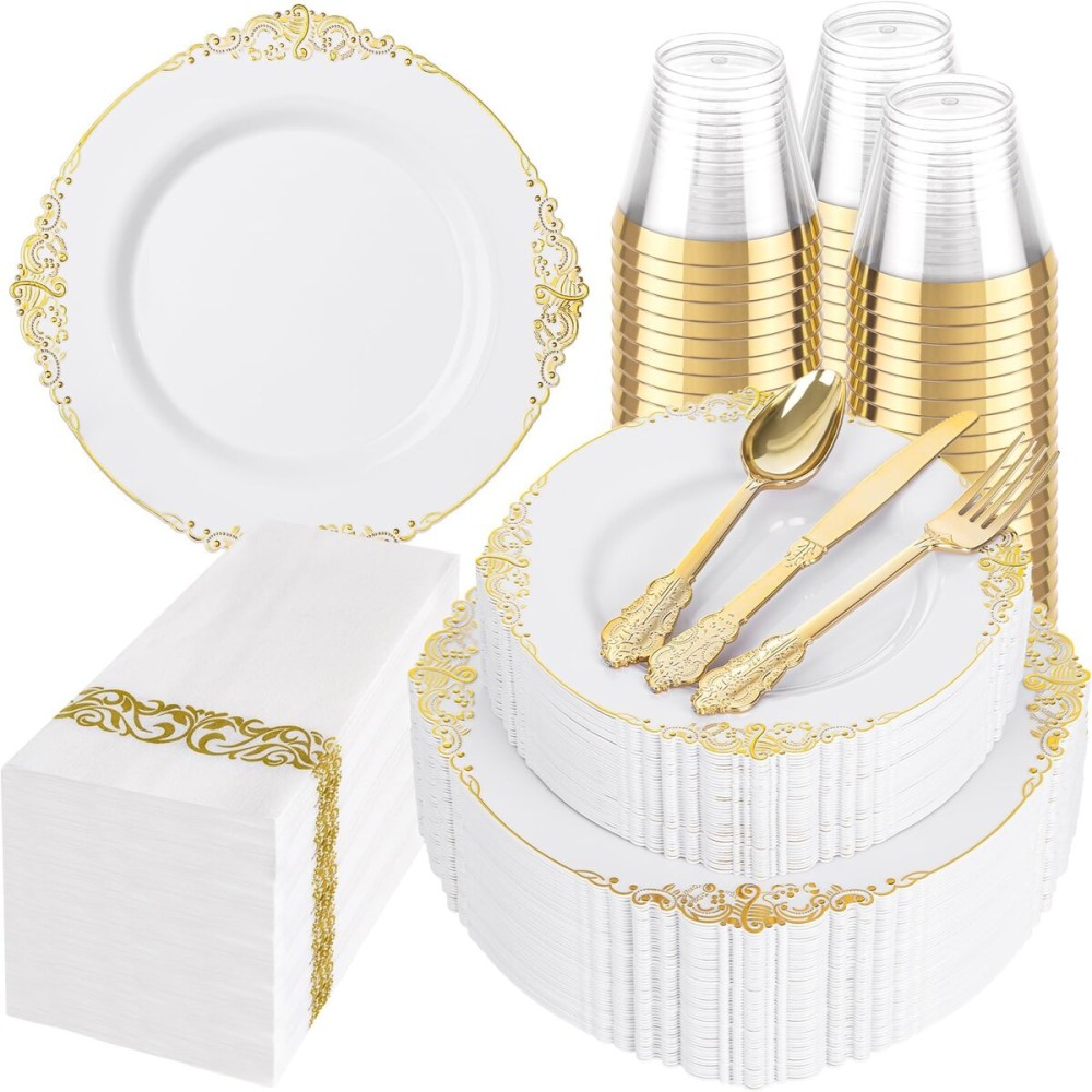 Hioasis 350pcs White and Gold Plastic Plates - Elegant Disposable Dinnerware Set Include 10.25 Dinner & 7.5 Dessert Plates, Knives, Forks, Spoons, Napkins, Cups for Party & Wedding