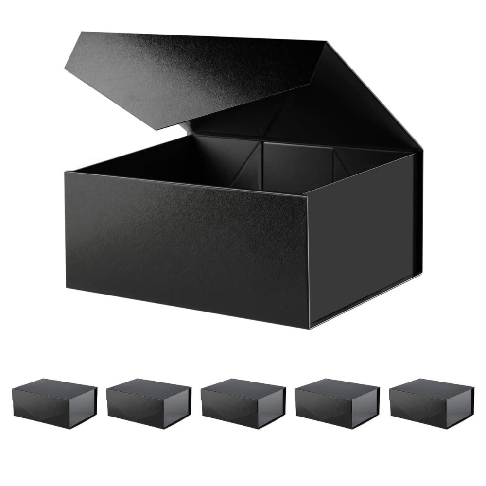 BLK&WH 6 Gift Boxes 9x6.5x3.8 Inches, Black Gift Boxes, Groomsman Boxes, Collapsible Boxes with Magnetic Closure Lids for Gift Packaging (Glossy Black with Grass Texture)