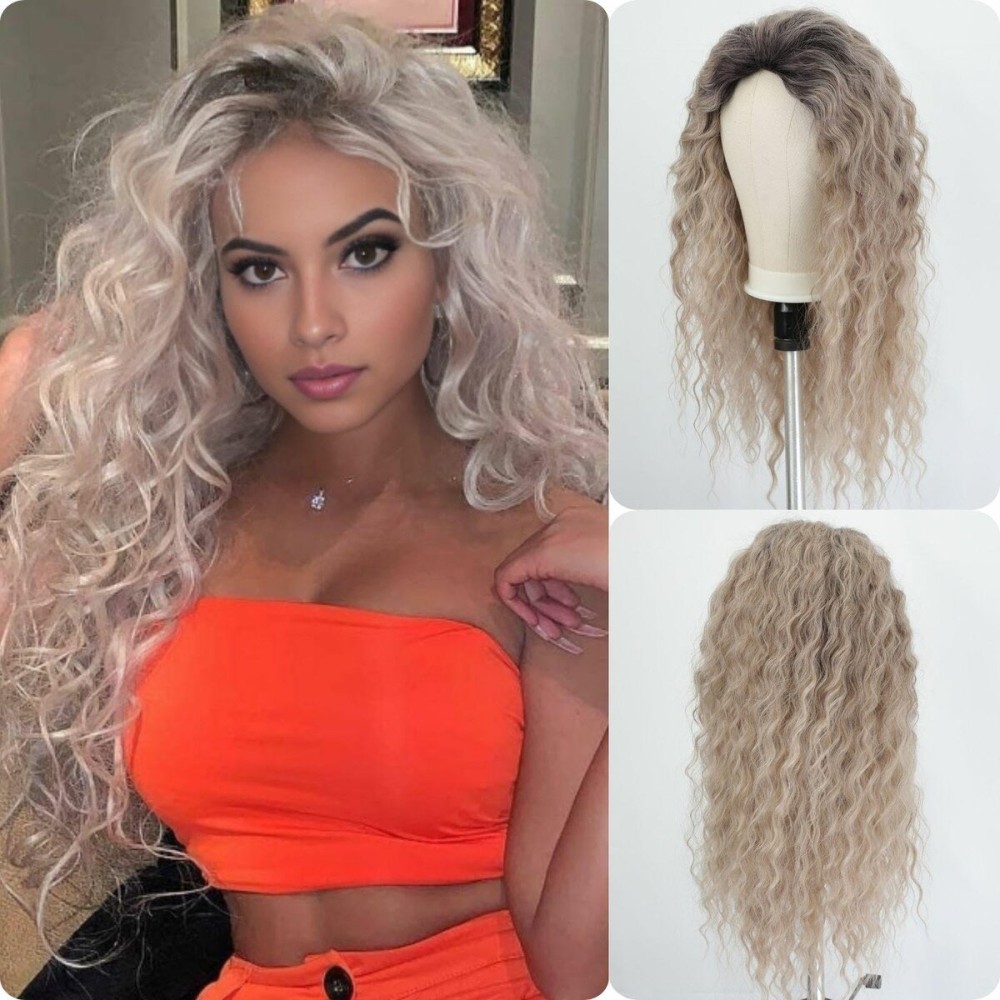 Fencca Grey Blonde Long Curly Wigs for Women Synthetic Layered Wavy Wig with Dark Roots Puffy Easy Wear To Go Curly Hair Wig Mix Color