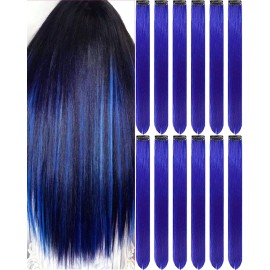 Olldag 12 PCS Blue Hair Extensions Clip in, 22 Inch Colored Hair Extensions Party Highlights Long Straight Synthetic Hairpieces for Women Kids Girls