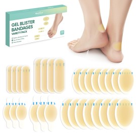 Welnove Gel Blister Bandages for Feet - 30ct Blister Cushion for Heel, Toe - Water-Resistant Hydrocolloid Bandages - Blister Pads for Prevention & Recovery