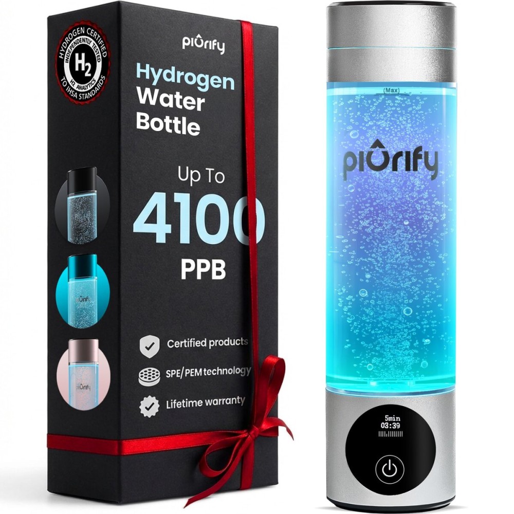 PIURIFY Hydrogen Water Bottle Generator - Up to 4100+ PPB - SPE/PEM Technology - Certified H2 Generator - Portable Athletic Performance & Hydration System - 6-Hour Hydrogen Retention, 10 oz (Silver)
