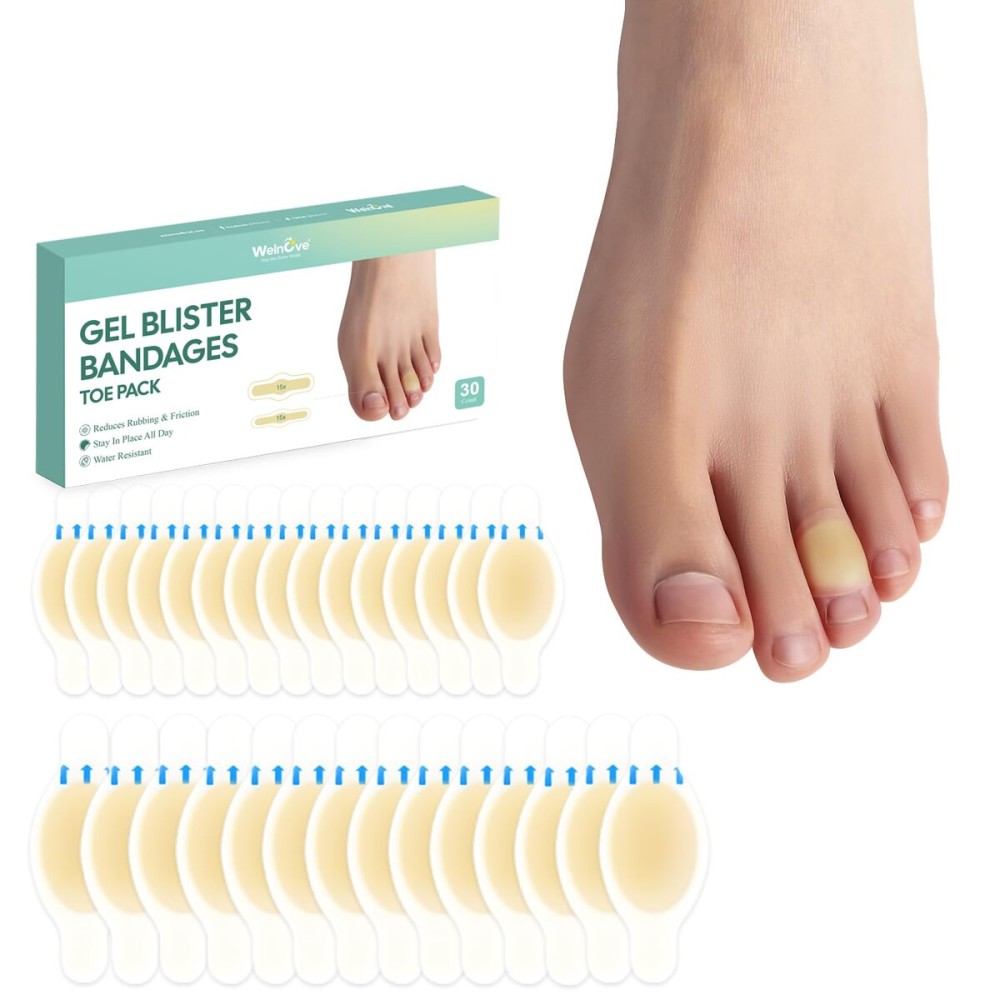 Gel Blister Bandages Hydrocolloid Bandages - Welnove 30ct Blister Cushions (Toe Pack) - Blister Bandages for Heel, Toe & Foot - Blister Pads for Prevention & Recovery - Water Resistant Bandages