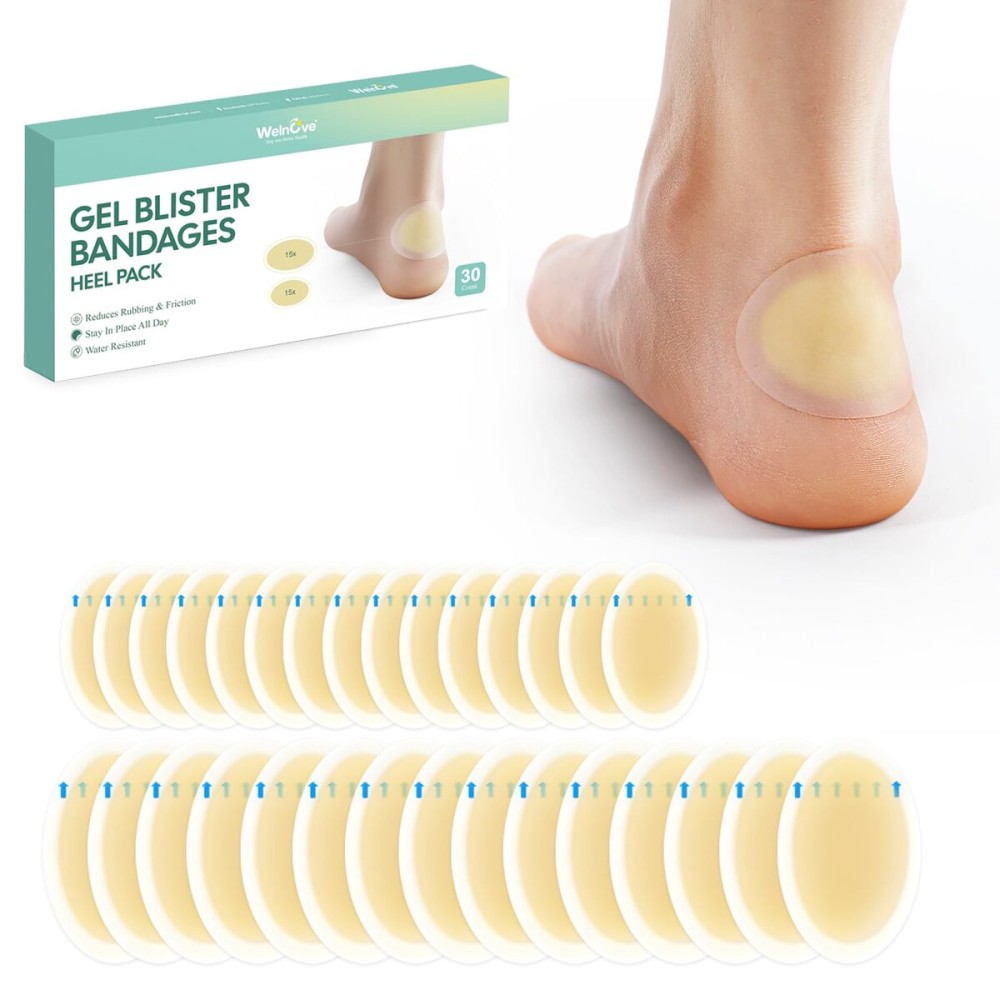 Gel Blister Hydrocolloid Bandages - Welnove 30ct Blister Cushions (Heel Pack) - Blister Bandages for Heel, Toe & Foot - Blister Pads for Prevention & Recovery - Water Resistant