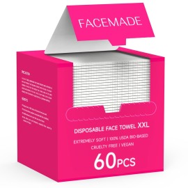 FACEMADE 60 Count XXL Disposable Face Towels 12  12, 100% USDA Biobased Face Towelettes Disposable, Clean Facial Towels for Makeup and Clean Skin, Super Soft and Thick Dry Wipes Club