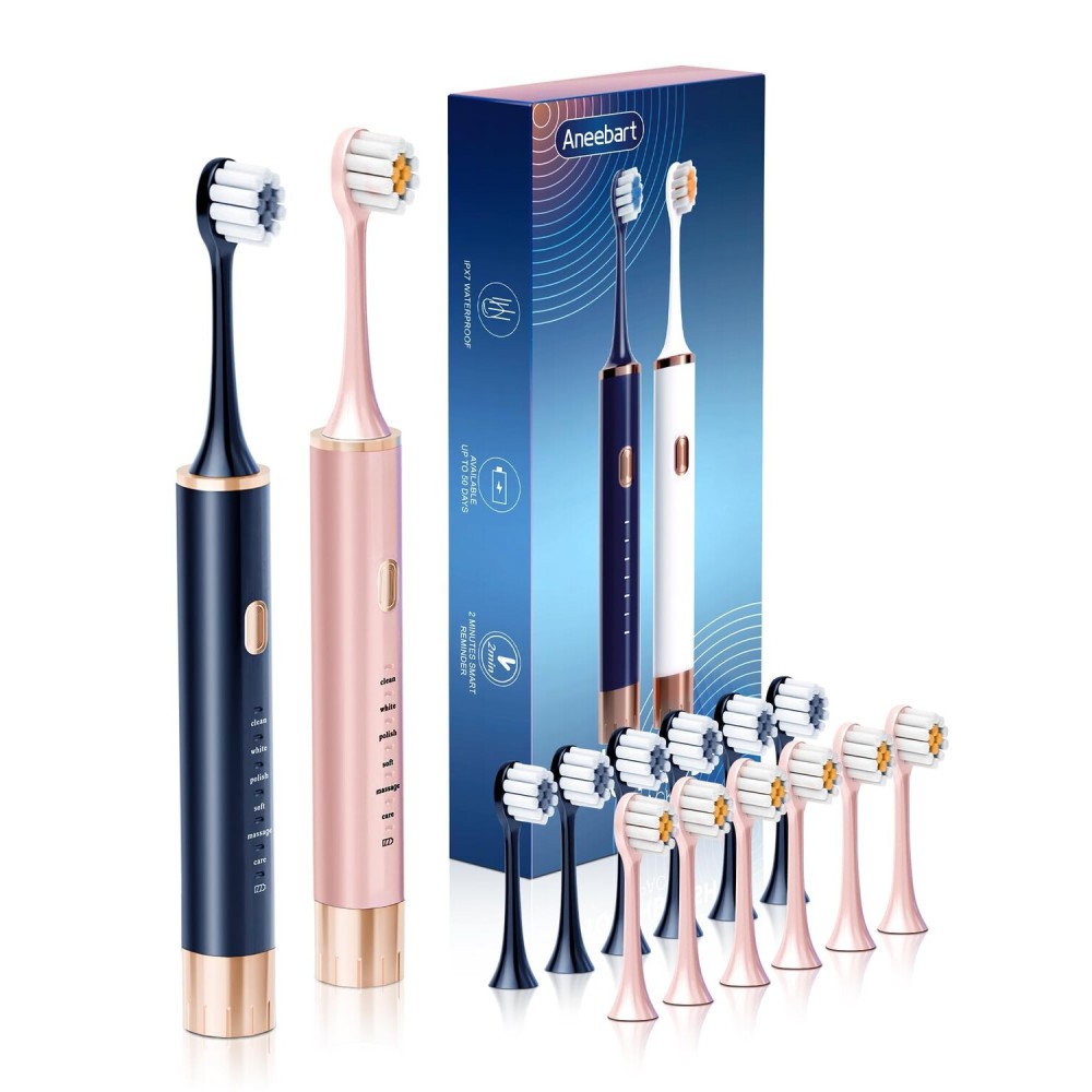 Aneebart Blue & Pink Electric Toothbrush for Adults, USB Rechargeable Sonic Toothbrush with 12 Brush Heads, Smart Timer, 6 Modes, 2-Hour Fast Charge Last 30 Days