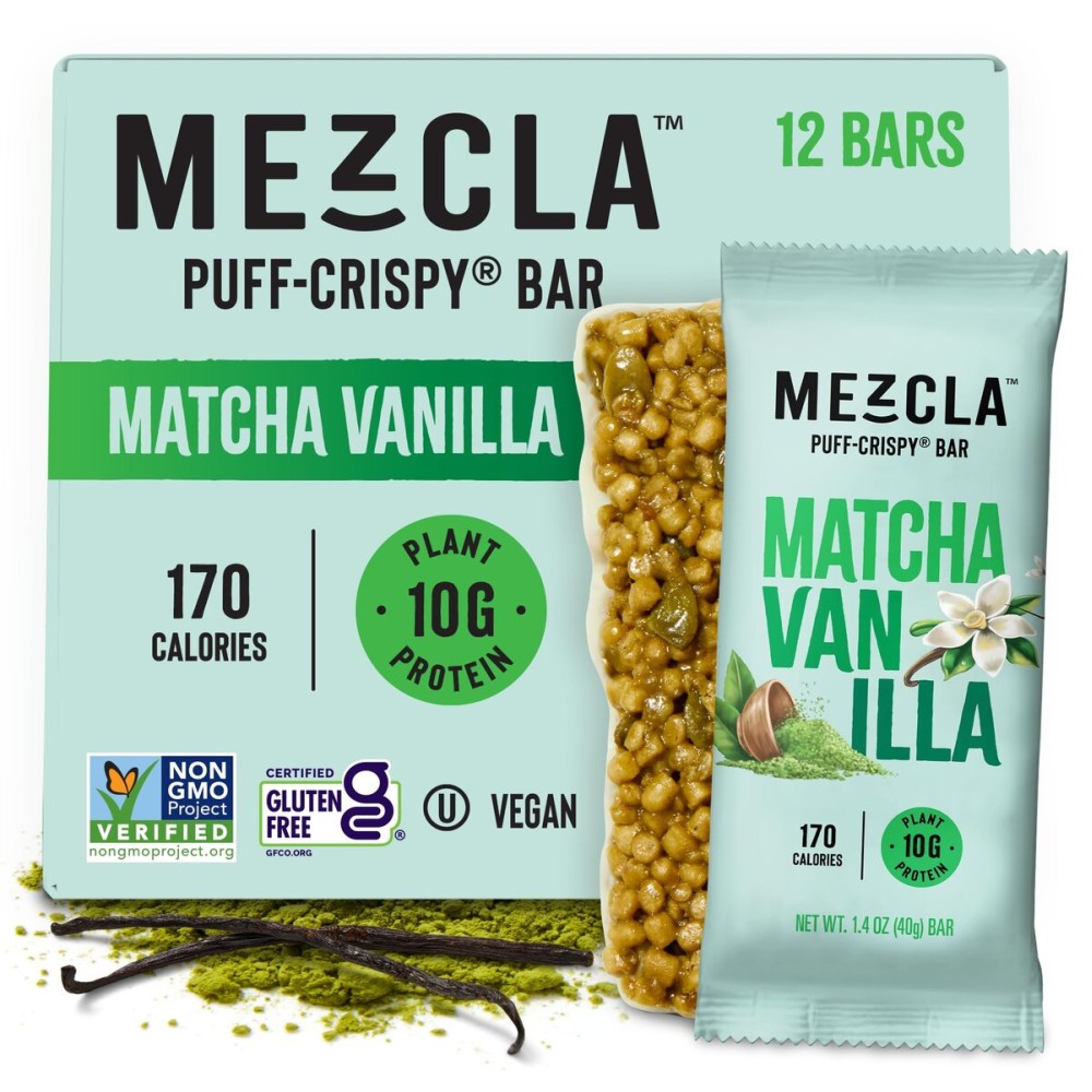Mezcla Puff Crispy Protein Bars, Gluten Free & Vegan Protein Bars, 10g Protein, Alt for Crispy Rice Treat, Granola Bars & Breakfast Bars, Healthy Snacks for Adults, Matcha Vanilla, 12 Pack