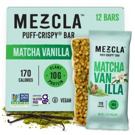 Mezcla Puff Crispy Protein Bars, Gluten Free & Vegan Protein Bars, 10g Protein, Alt for Crispy Rice Treat, Granola Bars & Breakfast Bars, Healthy Snacks for Adults, Matcha Vanilla, 12 Pack