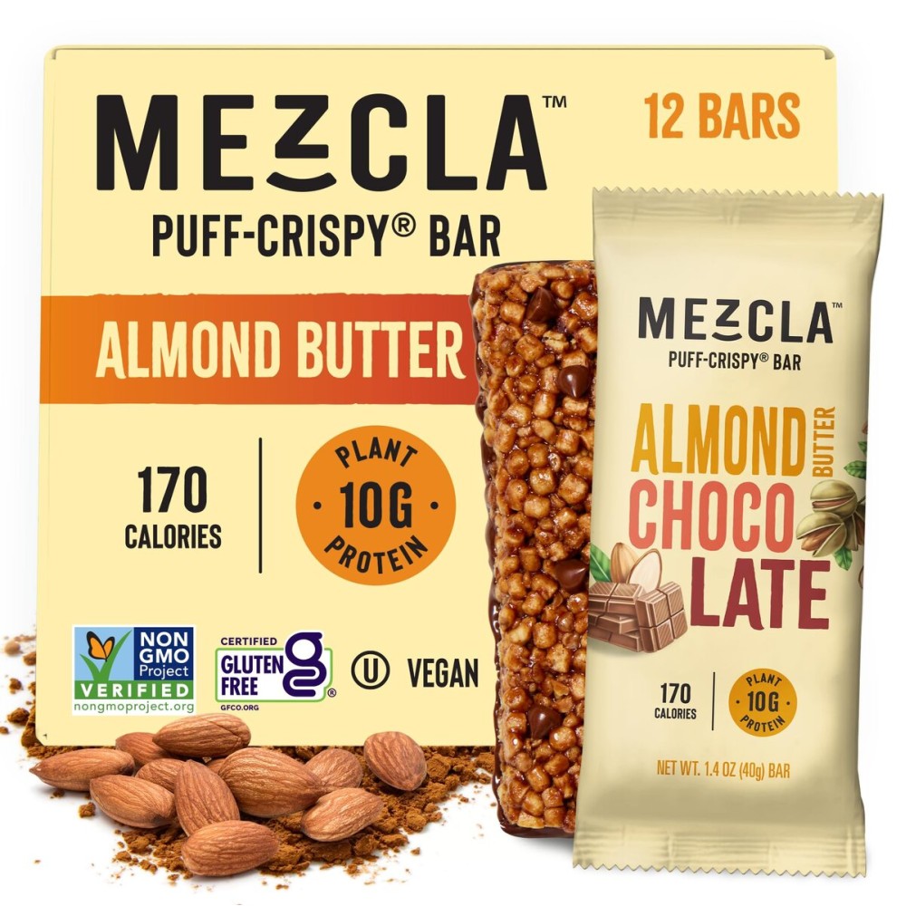 Mezcla Puff Crispy Protein Bars, Gluten Free & Vegan Protein Bars, 10g Protein, Alt for Crispy Rice Treat, Granola Bars & Breakfast Bars, Healthy Snacks for Adults, Almond Butter Chocolate, 12 Pack
