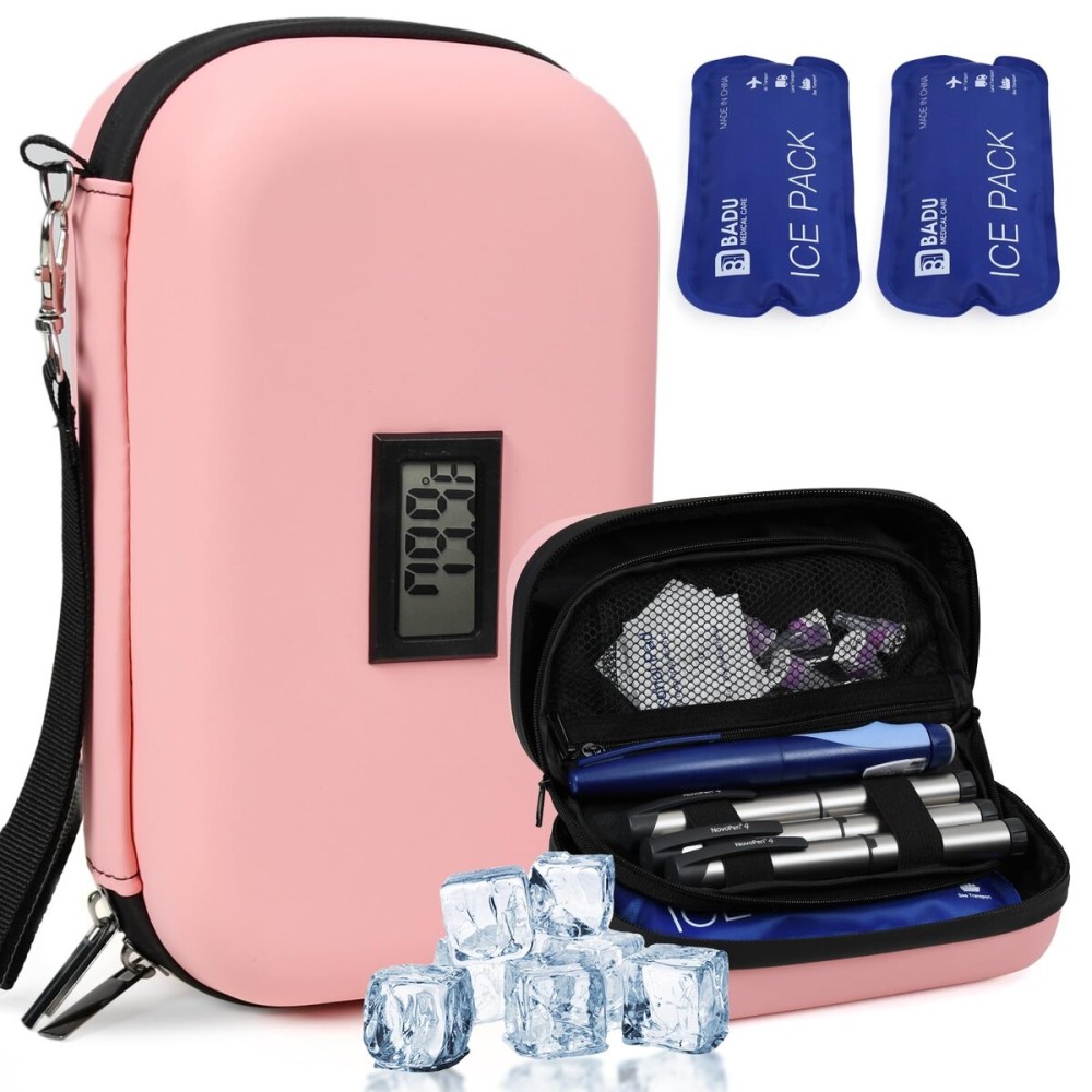 HIMDUZE Insulin Cooler Travel Case TSA Approved Refrigerated Medicine Cooler for Travel w/Thermometer Temperature Diabetic Travel Case w/2 Reusable Ice Packs for Daily Life Trip, Pink