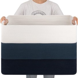 OIAHOMY 108L Super Large Blanket Basket, 25x16x16 Rectangle Woven Baskets for Storage, Cotton Rope Basket For Living Room, Toy Storage with Handle - Gradient Blue