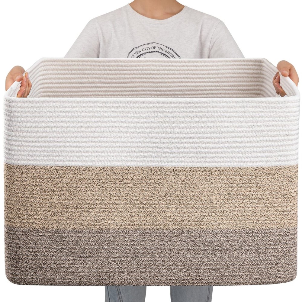 OIAHOMY 108L Super Large Blanket Basket, 25x16x16(108L) Rectangle Woven Baskets for Storage, Cotton Rope Basket For Living Room, Toy Storage with Handle- Gradient Brown