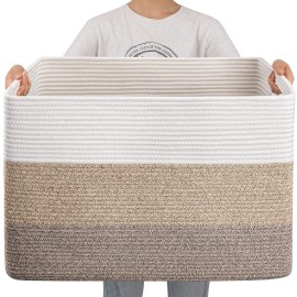 OIAHOMY 108L Super Large Blanket Basket, 25x16x16(108L) Rectangle Woven Baskets for Storage, Cotton Rope Basket For Living Room, Toy Storage with Handle- Gradient Brown