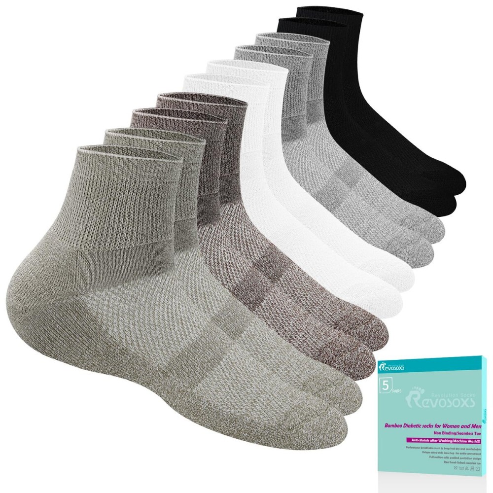 Revosoxs Diabetic Socks for Women Men,5 Pairs Non Binding Diabetic Ankle Socks,Wide Stretchy Loose Seamless Socks(Light Dark-Large)