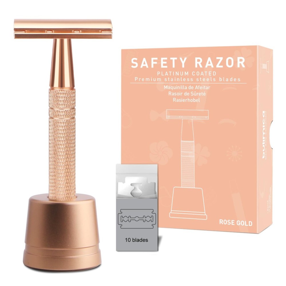 Double Edge Safety Razor with Stand, Single Blade Razors for Women, Reusable Metal Razor, with 10 Stainless Steel Double Edge Blades, Smooth and Close Shave, Plastic Free, Matte Rose Gold