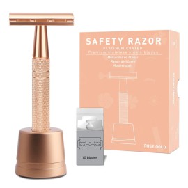 Double Edge Safety Razor with Stand, Single Blade Razors for Women, Reusable Metal Razor, with 10 Stainless Steel Double Edge Blades, Smooth and Close Shave, Plastic Free, Matte Rose Gold