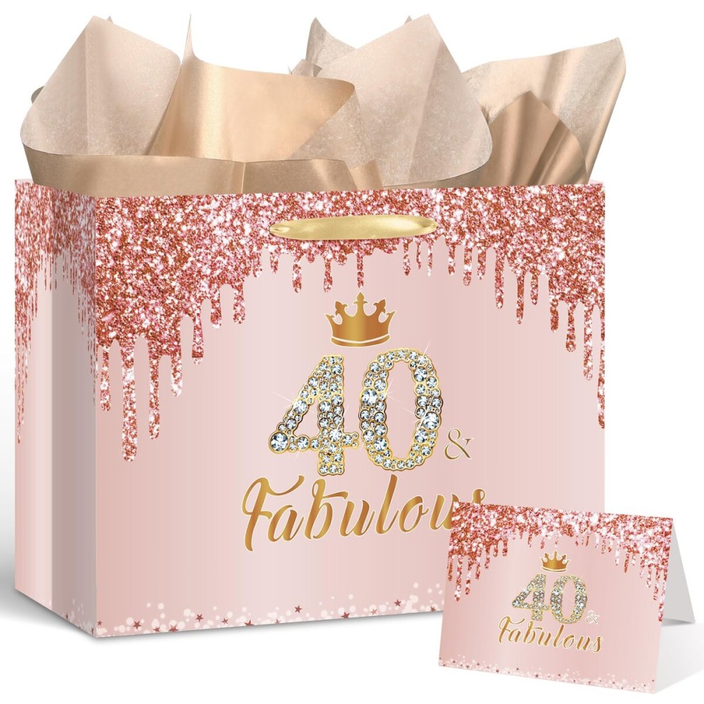 Yoirrat Rose Gold 40 and Fabulous 40th Birthday Gift Bag for Women Large Pink Happy 40th Birthday Gift Bag with Wrapping Paper and Card for 40th Forty Bday Decorations Party Supplies