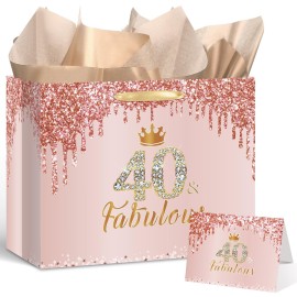 Yoirrat Rose Gold 40 and Fabulous 40th Birthday Gift Bag for Women Large Pink Happy 40th Birthday Gift Bag with Wrapping Paper and Card for 40th Forty Bday Decorations Party Supplies