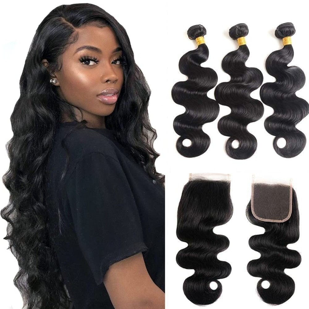Body Wave 3 Bundles with Closure 100% Unprocessed Brazilian Body Wave Human Hair Weave with 4x4 Free Part Lace Closure Natural Color (24 26 28+22, Bundles with Closure)