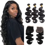 Body Wave 3 Bundles with Closure 100% Unprocessed Brazilian Body Wave Human Hair Weave with 4x4 Free Part Lace Closure Natural Color (24 26 28+22, Bundles with Closure)