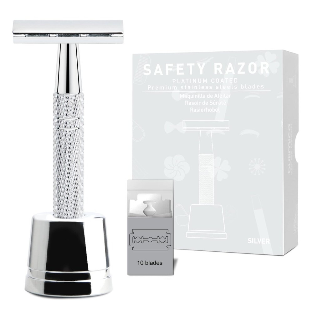 Double Edge Safety Razor with Stand, Single Blade Razors for Men and Women, Reusable Metal Razor, with 10 Double Edge Blades, Smooth and Close Shave, Shiny Silver