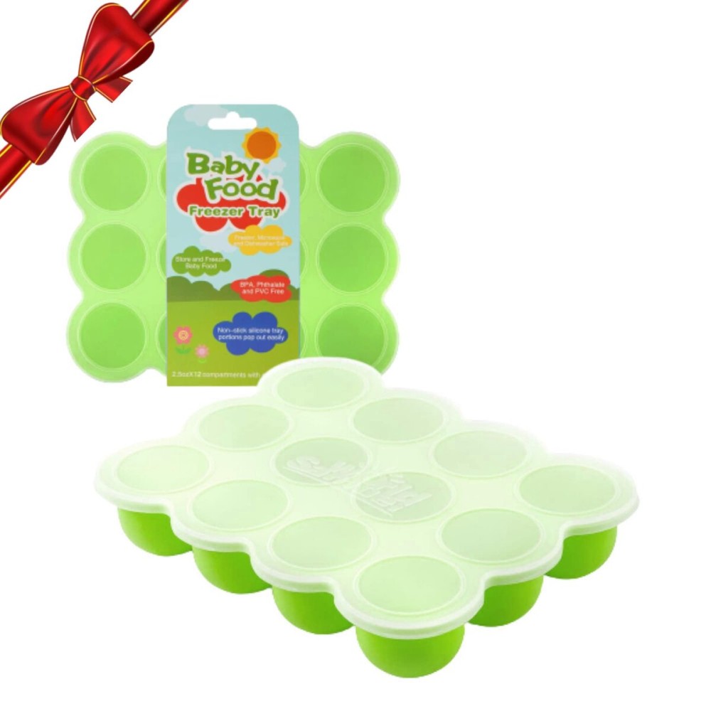 Samuelworld Baby Food Storage Container, 12 Portions x 2.5oz - BPA Free Silicone Freezer Tray with Clip-On Lid for Milk Storage, Homemade Baby Food, Vegetable & Fruit Purees - Green(For 6 Months+