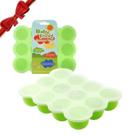 Samuelworld Baby Food Storage Container, 12 Portions x 2.5oz - BPA Free Silicone Freezer Tray with Clip-On Lid for Milk Storage, Homemade Baby Food, Vegetable & Fruit Purees - Green(For 6 Months+