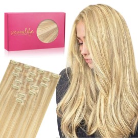 WENNALIFE Seamless Clip In Hair Extensions Human Hair, 24 Inch 160g 7pcs Light Blonde Highlighted Golden Blonde Hair Extensions Clip In Real Human Hair Extensions Invisible PU Weft Human Hair