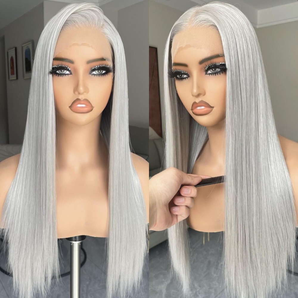 BLL Grey Lace Front Wig, 13x4 Silver Synthetic Wig Pre Plucked Small Knots Ready to Wear Long Straight Gray Glueless Wigs For Black Women Natural Density 26inch Suitable For Daily Party Wear