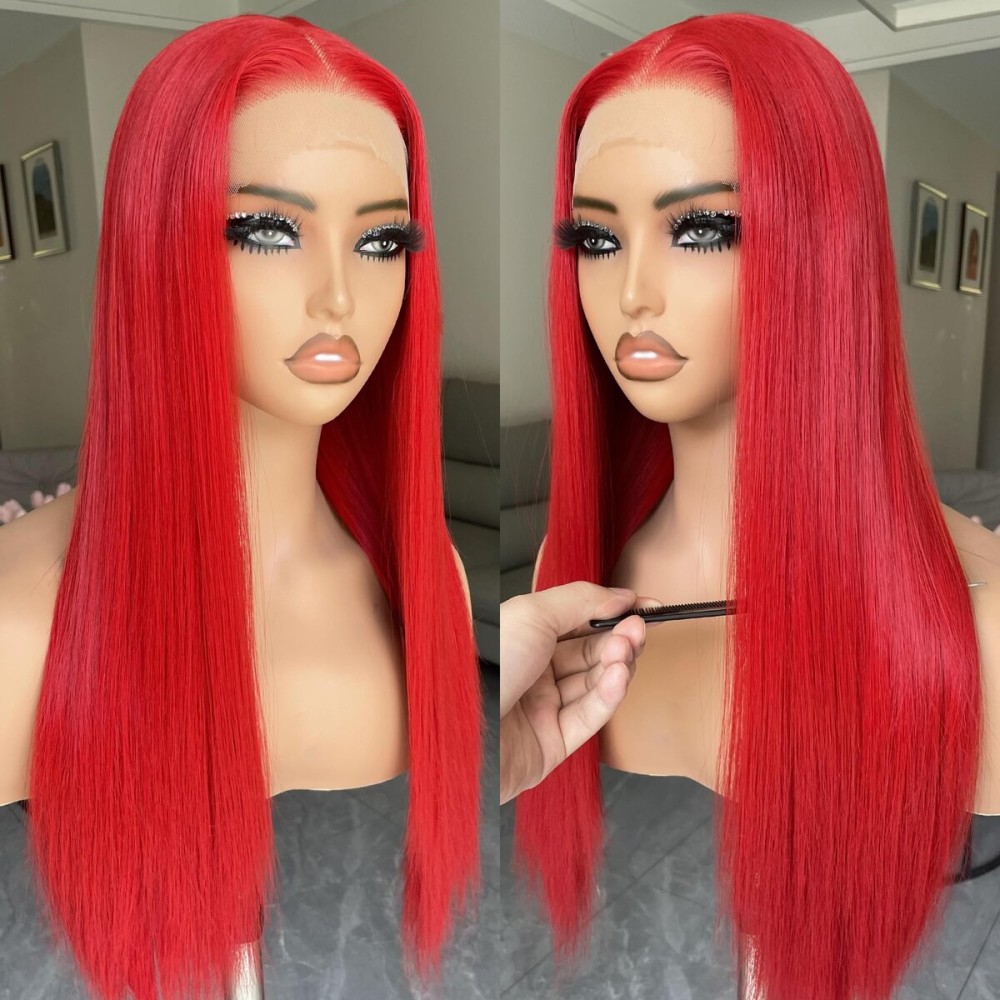 BLL Red Wig 13x4 Synthetic Lace Front Wig Pre-Plucked Glueless Long Silk Straight Wigs For Women Heat Resistant Fiber Natural Density Suitable For Daily Party Wear 26inch