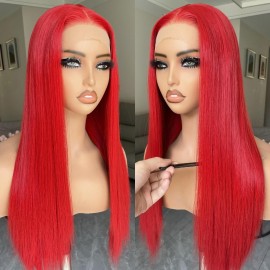 BLL Red Wig 13x4 Synthetic Lace Front Wig Pre-Plucked Glueless Long Silk Straight Wigs For Women Heat Resistant Fiber Natural Density Suitable For Daily Party Wear 26inch