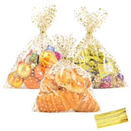 COQOFA 9X 12 Gift Wrap Cello Cellophane Treat Bags Party Favor bags Clear Candy Cookie Bags Plastic Poly Goodie Storage Bags for Bakery,Birthday, Wedding,Party 50 pcs Gold