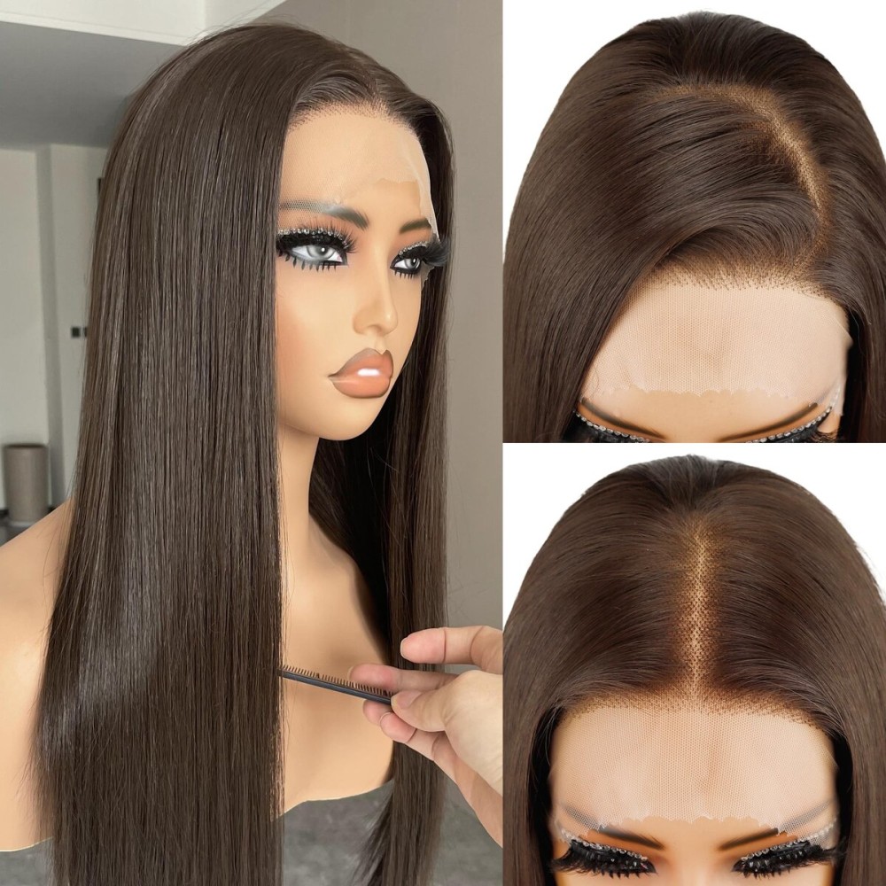 Chocolate Brown Lace Front Wig, 13x4 Synthetic Lace Wigs Pre Plucked 26inch Long Straight Glueless Dark Brown Wig For Black Women Beginner Friendly Suitable For Everyday Wear