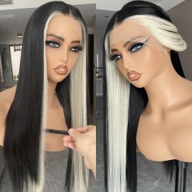 BLL Lace Front Wig, Skunk Stripe 13X4 Lace Wig Pre Plucked Glueless Synthetic Heat Resistant Long Straight Black and Blonde Wigs 26inch Suitable For Everyday Wear