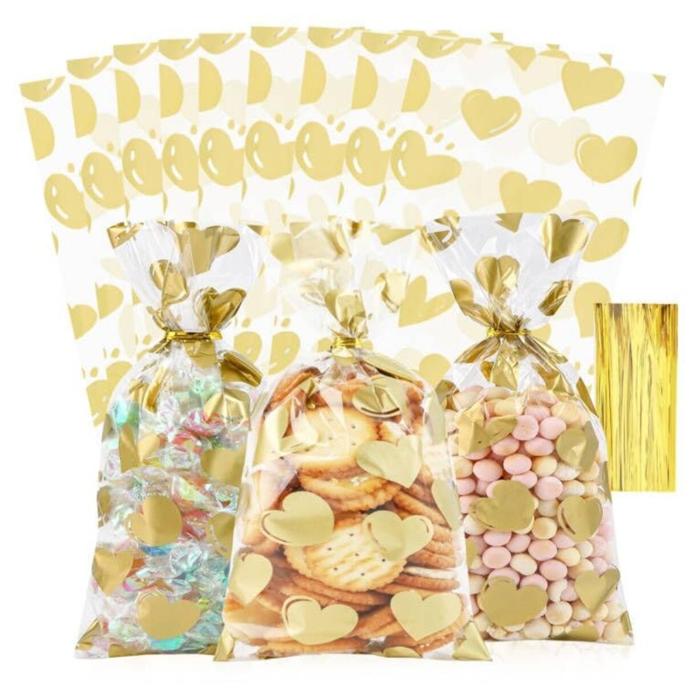 COQOFA 100 Pcs 6X10 IN Gold Heart Cello Cellophane Treat Bags Gift Party Favor Bags Clear Plastic Poly Goodie with Twist Ties for Candy, Cookie,Baby Shower, Valentine, Wedding Birthday