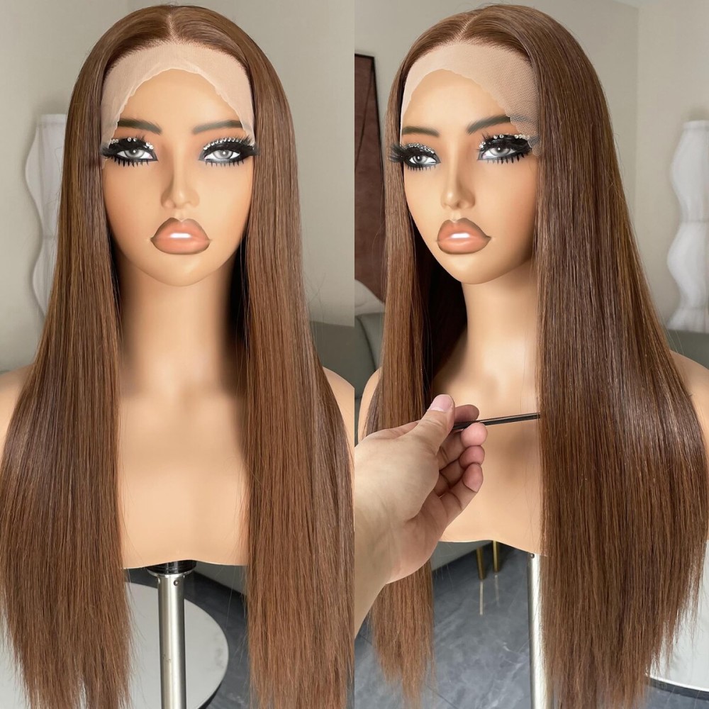 BLL Brown Wig, 13x4 Synthetic Lace Front Pre Plucked 26inch Long Straight Glueless Chocolate Light Brown Wigs For Black Women Suitable For Everyday Wear