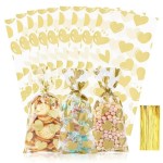 COQOFA 100 Pcs Gold Heart Cello Cellophane Treat Bags - Clear Candy Cookie Bags with Twist Ties for Baby Shower, Valentine, Wedding, Birthday
