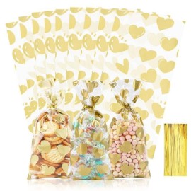 COQOFA 100 Pcs Gold Heart Cello Cellophane Treat Bags - Clear Candy Cookie Bags with Twist Ties for Baby Shower, Valentine, Wedding, Birthday
