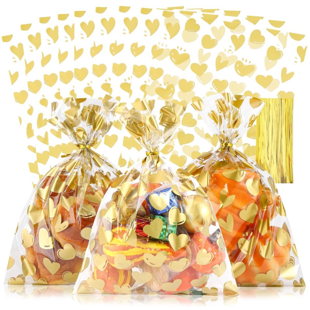 COQOFA 50 Pcs 9X12 IN Gold Heart Cello Cellophane Treat Bags - Clear Candy Cookie Bags with Twist Ties for Baby Shower, Valentine, Wedding, Birthday