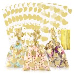 COQOFA 100 Pcs 5x7 IN Gold Heart Cello Cellophane Gift Bags for Baby Shower, Valentine, Wedding, Birthday with Twist Ties