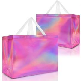 Nush Nush Extra Large Holographic Pink Gift Bag, Set of 12 Reusable Pink Iridescent Gift Bags with Handles - Party Favor Bags for Birthdays, Baby Shower, Bachelorette Party - 15.5W x 6D x 12H Size