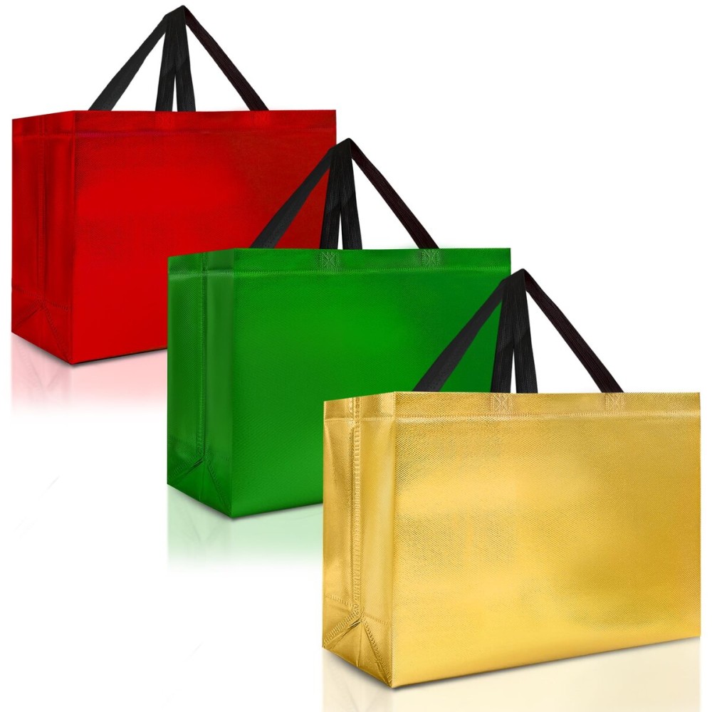 Nush Nush 12 Extra Large Christmas Gift Bags - Set of 12, 3 Colors (4 Each of Red, Yellow, and Green) Reusable Christmas Bags for Gifts - Ideal XL Gift Bag for Presents, Holiday GIfts - 15.5Wx6Dx12H