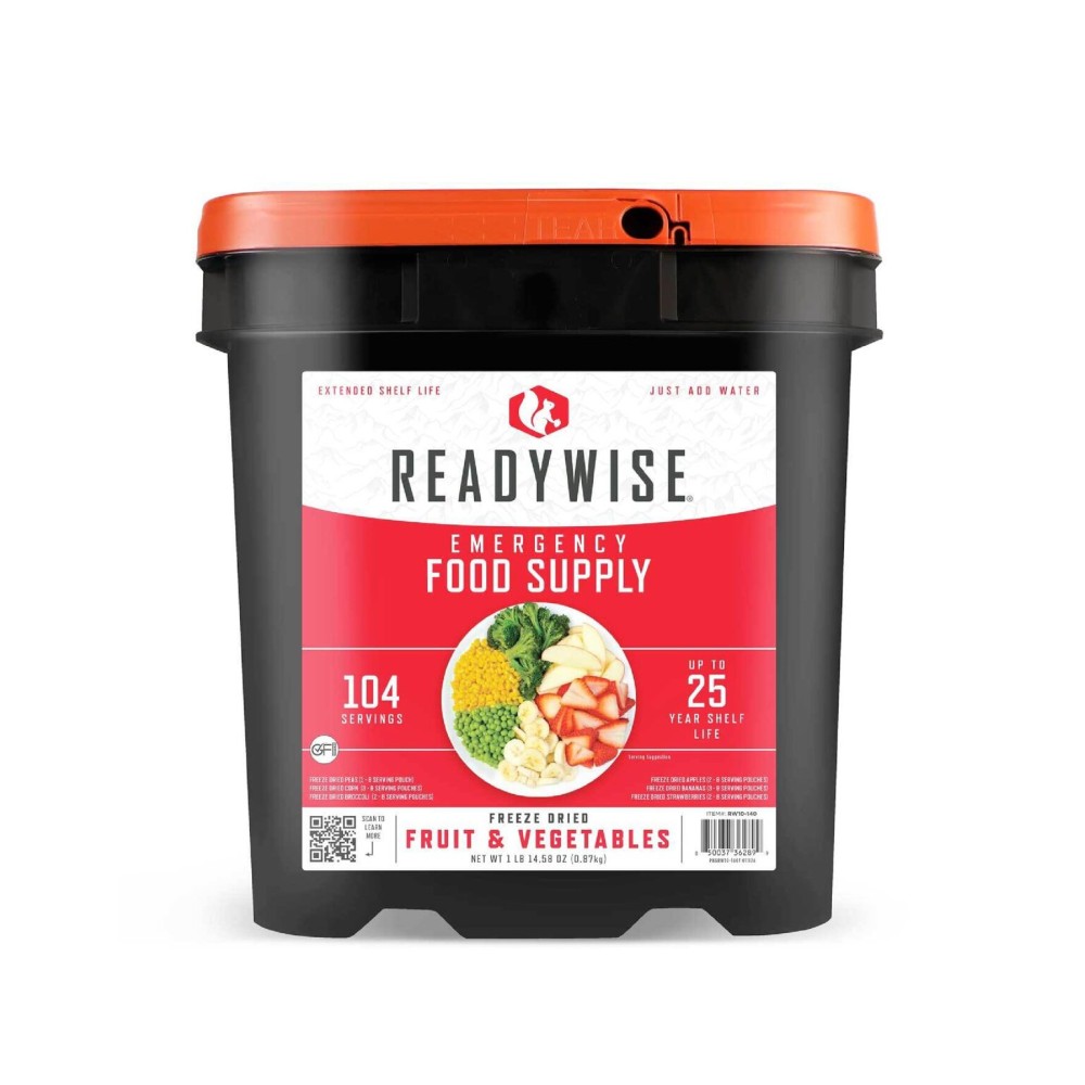 ReadyWise Emergency Food Supply - 104 Servings Freeze Dried Fruit and Vegetables Bucket, Protein Meals, Camping Essentials for Survival Food, Disaster Prepping Supplies, up to 25 Year Shelf Life