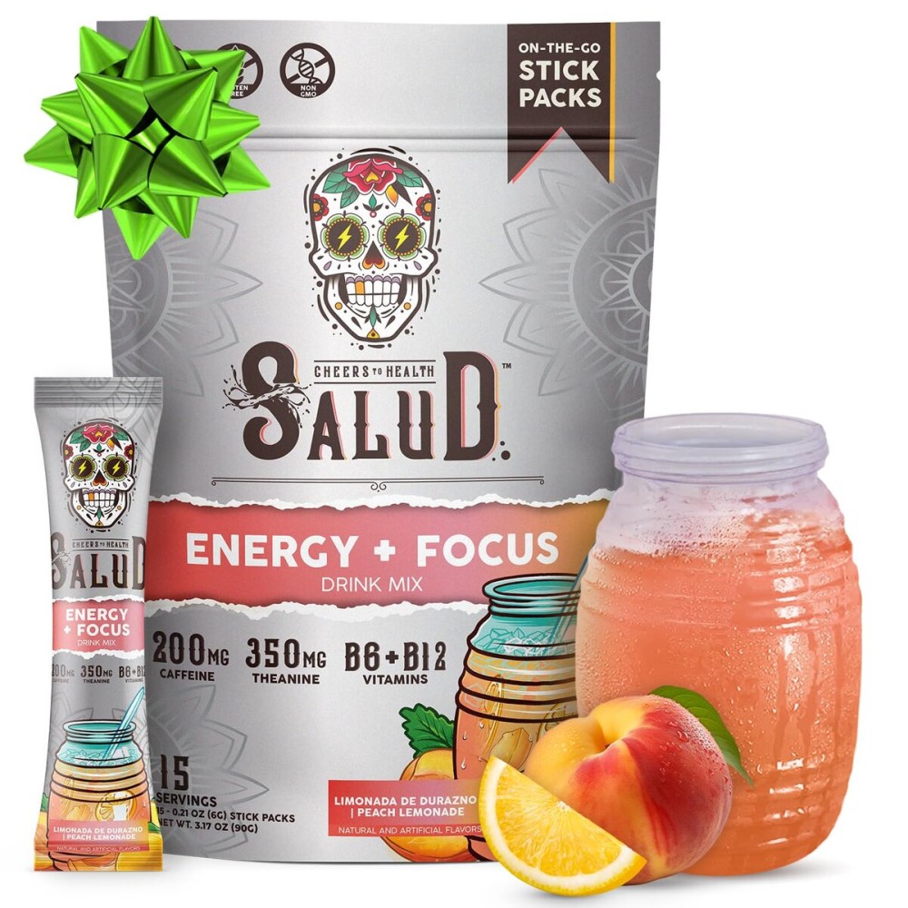 Salud 2-in-1 Energy Drink Powder + Focus, Peach Lemonade, Organic Caffeine, B6 + B12, Theanine, Clean Energy Drink Packets, Agua Fresca Mix, Non-GMO, Gluten Free, Vegan, 1g of Sugar, (15 Servings)
