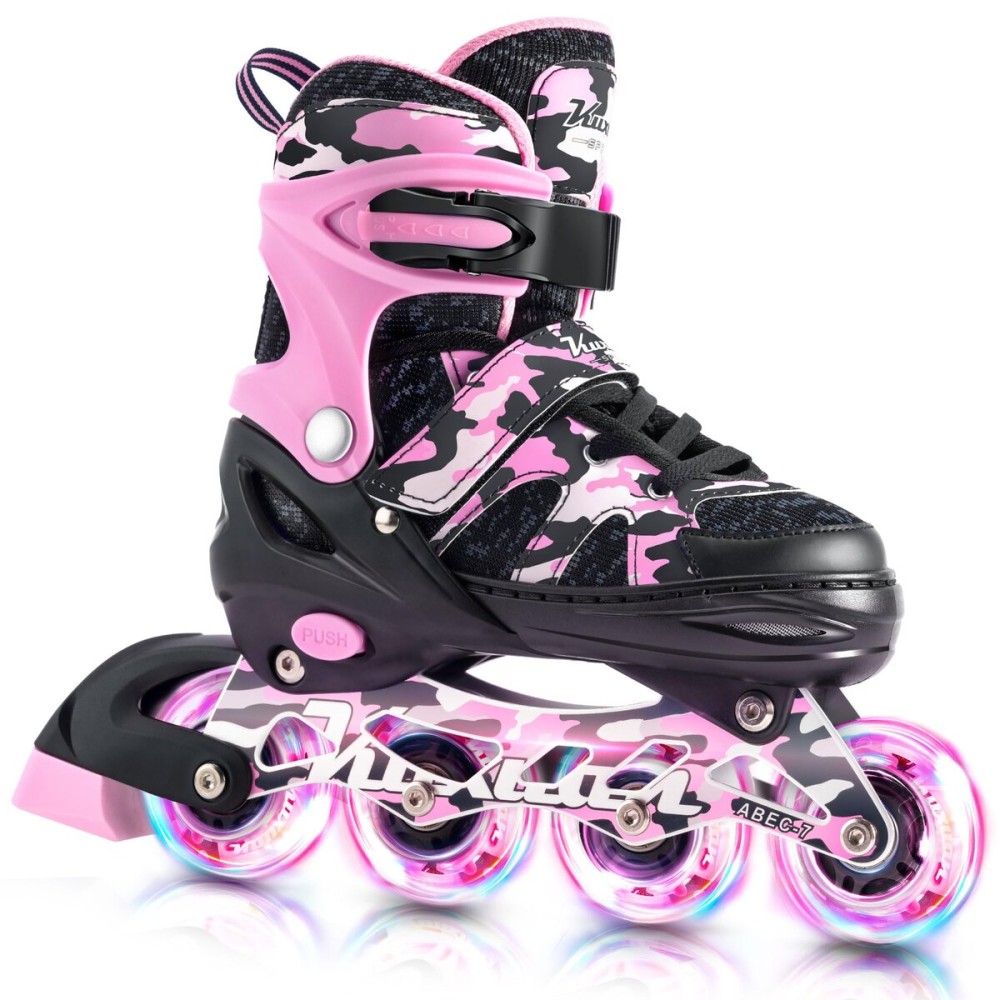 Kuxuan Skates Adjustable Inline Skates for Girls Women with Full Light Up Wheels Outdoor Fun Illuminating Skates for Kids and Adult, Small (Kids 10-12 US), Pink