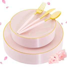 Liacere 150PCS Plastic Plates-Gold Plastic Silverware with Pink Handle - Pink Disposable Plates Include 30 Guests Plates, Forks, Spoons, Knives for WeddingEaster DayMother\'s DayValentine\'s Day
