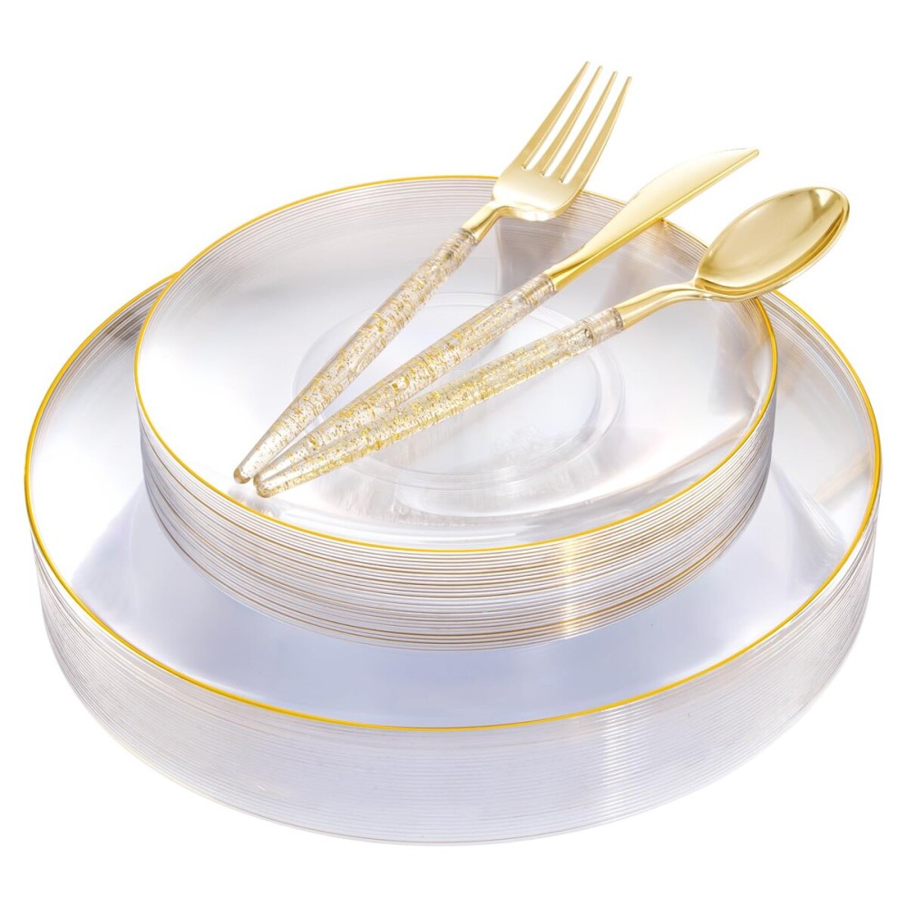 Liacere 150PCS Clear Gold Plastic Plates - Gold Plastic Silverware with Glitter Handle - Clear Disposable Plates Include 30 Guests Plates, Forks, Spoons, Knives for Wedding & Party&Chrismas