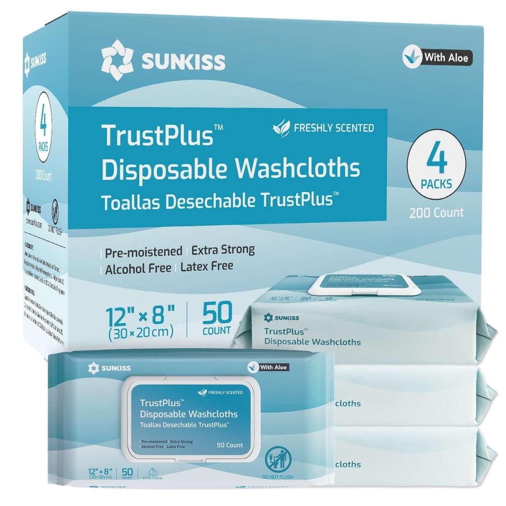 SUNKISS Trustplus Wet Wipes for Adult No Rinse, Extra Large 8x12 Body Cleaning Washcloths for Elderly Incontinence & Cleansing, Fresh Scented, 200 Count (4 Packs of 50)