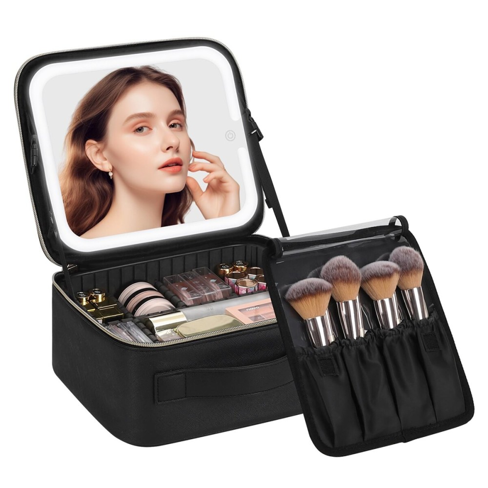 Chomeiu Makeup Bag with LED Mirror, Travel Makeup Case for Women and Makeup Artists Cosmetic Organizer Large Make Up Bags with Light Up Mirror, 3 Color Lights, Adjustable Dividers and Brush Holder